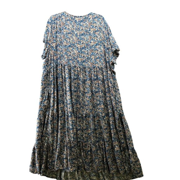 Sonoma Tiered Maxi Dress Womens 3X Blue Floral Short Sleeve V-Neck Button Front - Picture 2 of 10